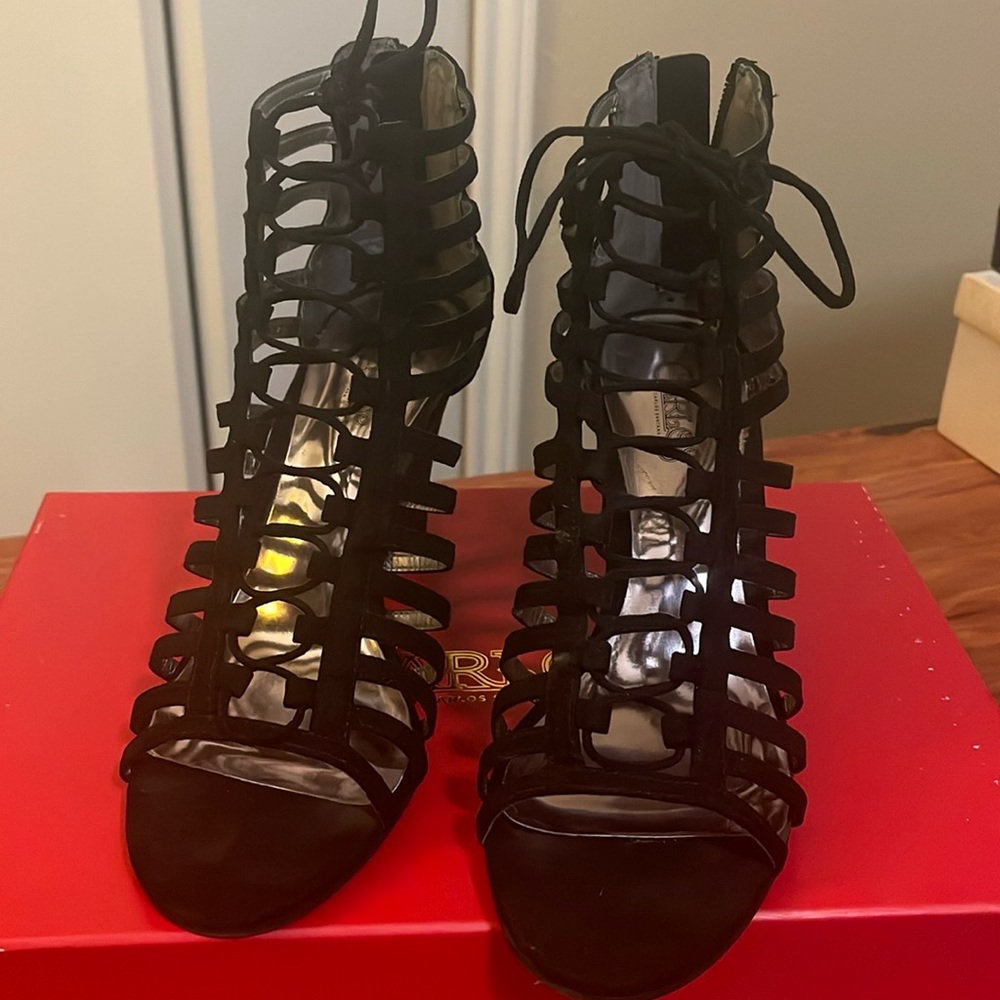Carlos black lace up wedges